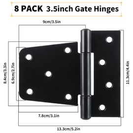 8 Pack Heavy Duty Gate Hinges 3.5 inch Extra Thick Black Gate Hinges for Wooden Fences Shed Barn Gate Strap Hinge Garden Door Hinges Wrought Hardware Iron
