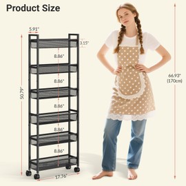 ThreeHio 6 Tier Silm Storage Cart, Narrow Cart with Wheels, Metal Mobile Shelving Unit Organizer for Kitchen, Bathroom, Laundry Room, Living Room & Narrow Spaces, Black