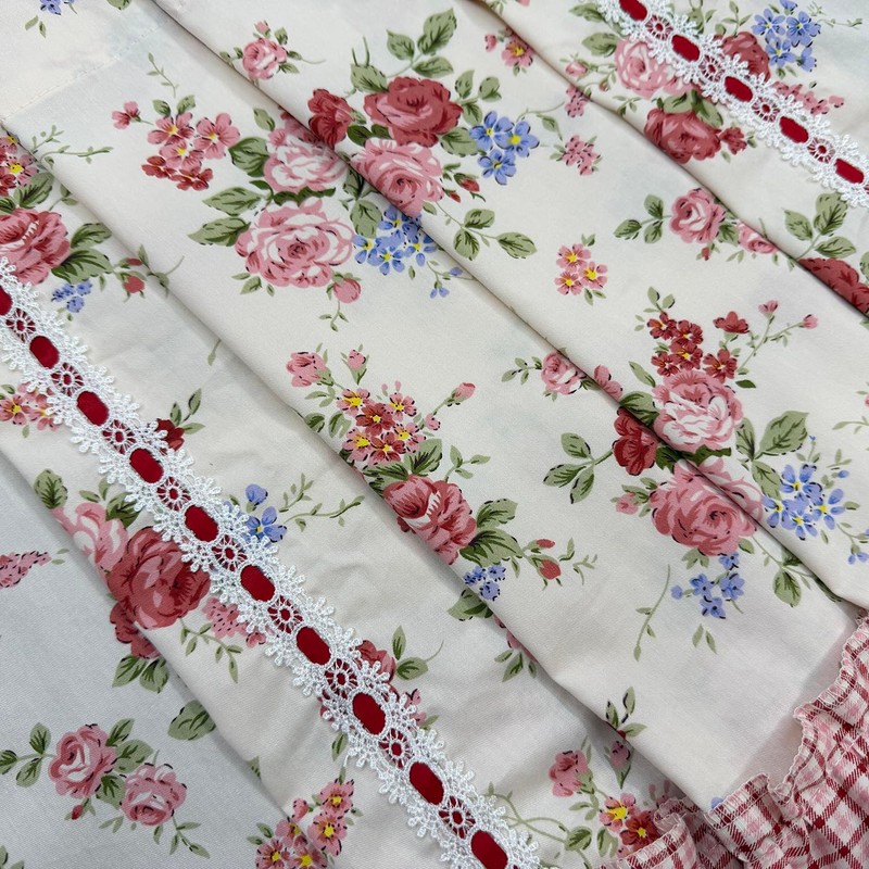 Country Rose Floral Valance Curtain Tie Up Gingham Ruffled Swag