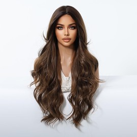 Looxey Long Wavy Wig for Women 28 Inch Curly Hair Wig Ombre Brown Heat Resistant Soft Synthetic Wigs for Women Daily Use Party Cosplay