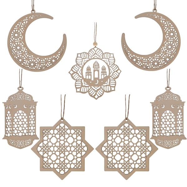 Ramadan Decorations, Wooden Pendant Eid Ramadan Decorations for Home, Ramadan Eid Mubarak Hanging Moon Star Wind Light Castle Shape Ornament Eid Al Adha Decorations