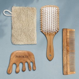 PAROKSH HAIR BRUSH, COMB, SCRUBBER AND MASSAGER COMBO SET, WOODEN BRUSH WITH BAMBOO BRISTLES, NEEM WOOD COMB FOR HAIR GROWTH, WOODEN SCALP MASSAGER AND NATURAL LOOFAH SCRUBBER