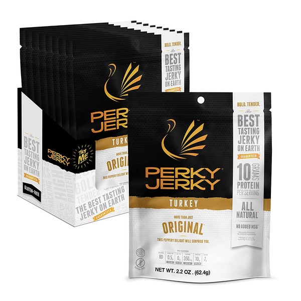 Perky Jerky Original Turkey Jerky, Low Sodium - 10g Protein per Serving - Low Fat - 100% U.S. Sourced - Tender Texture and Bold Flavor, 2.2 Ounce (Pack of 12)