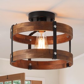 Rustic Farmhouse Wood Flush Mount Ceiling Light Fixture 1 Light Oak Wood and Metal Round Drum Semi Flush Mount Ceiling Light for Kitchen Hallway Entryway Bedroom Farmhouse Country, Black