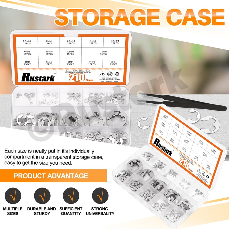 Rustark 211Pcs 14 Sizes 304 Stainless Steel E-Clip External Retaining