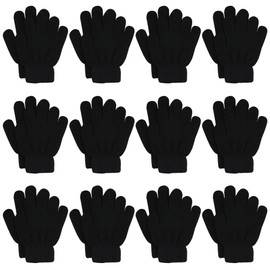 Kids Magic Gloves,12 Pairs Full Fingers Knit Gloves Stretchy Warm Gloves Bulk for Boys Girls (12 Pairs Black, 6-12 Years)