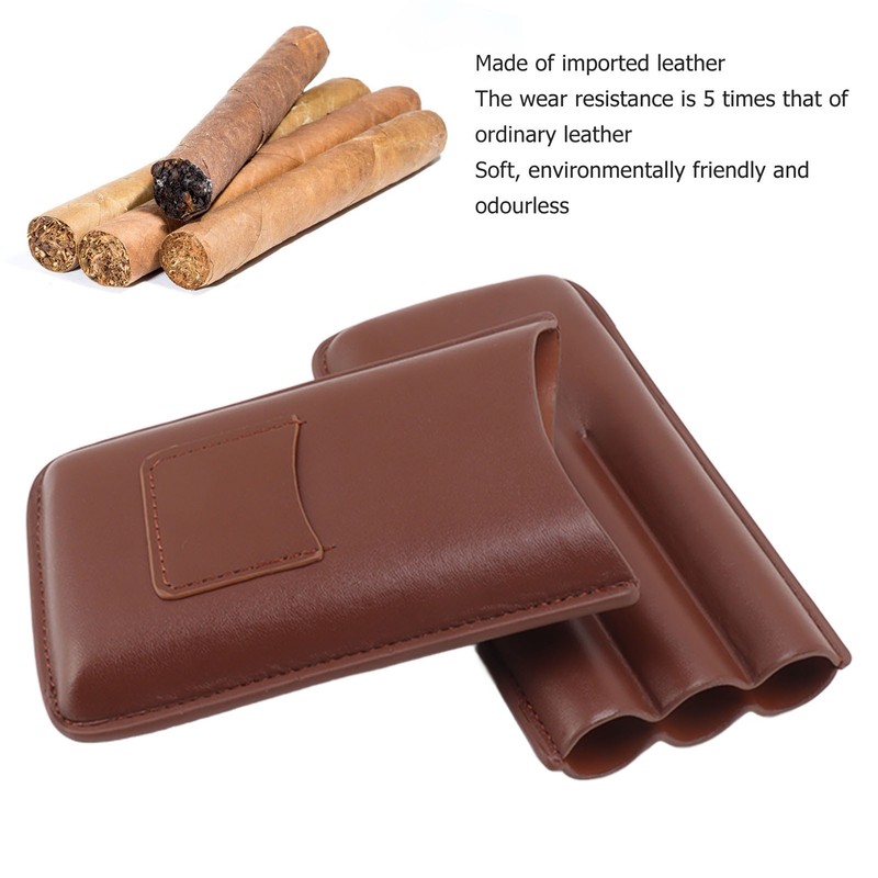 Leather Cigar Case Portable 3 Finger Cigar Humidor Carrying Case