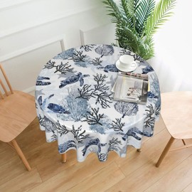 BYONEESS Summer Coastal Tablecloth Round 60 Inch Nautical Sea Turtle Table Cloth Nautical Coastal Blue Tortoise Coral Table Cover for Party Kitchen Dining Picnic Holiday Outdoor Decor
