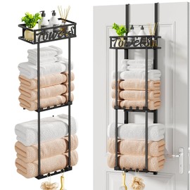 HapiRm Towel Rack Bathroom Storage - 3 Tier Over The Door & Wall Mounted Rolled Towel Racks Holder Organizer with Metal Shelf and 6 Hooks for Small Bathroom, Camper, Rv - Black (for 1.77 in Doors)