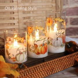 GORGE MOMENT Flameless Candles for Fall, LED set of 3 Thanksgiving Home Decor Battery Operated with Timer, Pumpkin Maple Leaves Painting Harvest Gift Autumn Ornament Living Room Mood Light - no remote