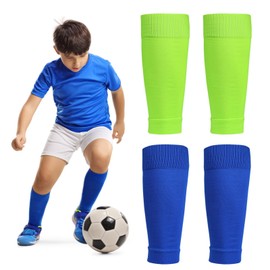 EQLEF Football Sock Sleeves Kids, 2 Pairs Football Leg Sleeve High Elastic Football Sock Wrap Sport Guard Sleeves in Green and Blue for Sports Activities 8-13 Years Old