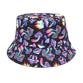 Eigso Retro 80s Theme Bucket Hats for Women Men Hip Hop Rock Scrawl Fishing Hat for Woman Man, D2: Purple Mushroom