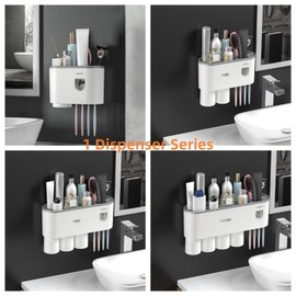 Celsitudo No-Drill Wall Mounted Toothbrush Holder, Bathroom Shelf, with Automatic Toothpaste Dispensers 4 Brush Hooks 2 Magnetic Cups 1 Cosmetic Drawer Organizer and Large Storage (1 Dispenser 2 Cups)