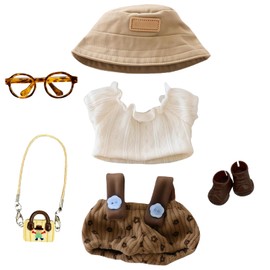 6 Pcs Dolls Clothes & Accessories for Labu, Includes Khaki Hat Glasses Top Bottle Shoes Pants for Girls Kids Birthday, Girl's Birthday Gift for 17cm Dolls
