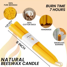 10-Pack 8" Natural Yellow Pure Beeswax Taper Candles, Dripless & Smokeless