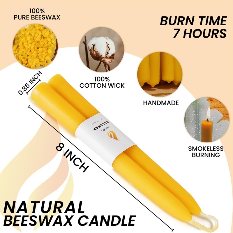 10-Pack 8" Natural Yellow Pure Beeswax Taper Candles, Dripless &