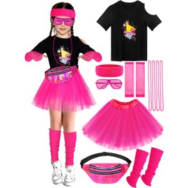 SOMSOC 13 Pieces Kids 80s Costume Accessories Set Girl's 80s Cosplay T-shirt Tutu Outfit Headband Necklace Gloves Leg Warmer