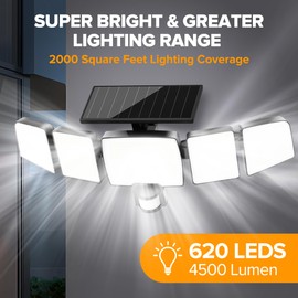 UME Solar Outdoor Lights 620 LED 4500LM, IP65 Waterproof Motion Sensor Outdoor Lights, 5 Heads Solar Security Flood Lights 270 Wide Lighting Angle with 3 Modes for Garden Patio Yard