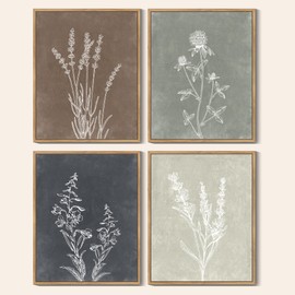 Drsoum Vintage Botanical Boho Framed Wall Art Wooded Antique Flower Bouquet Prints Farmhouse Retro Plants Rustic Bathroom Kitchen Home Decor Ready to Hang 8x10inx4pcs (Natural Framed)