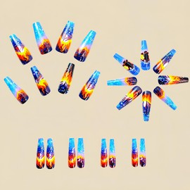 Press On Nails Coffin Fake Nails Volcano Stick On Nails Color Adventure Glue On Nails Glossy Shiny Artificial Nails Full Cover Acrylic Nail Kit For Women Girl 24pcs