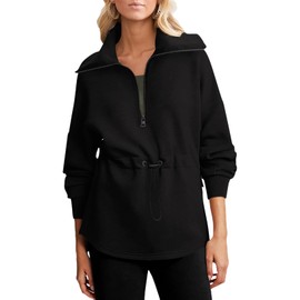 Dokotoo Sweatshirt for Women Casual Loose Long Sleeve Half Zip Drawstring Waist Side Split Oversized Sweatshirts Hoodies Quarter Zipper Pullover Comfy Fall Fashion Outfits Clothes 2024 Black Large