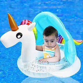 Baby Swimming Pool Floats with Removable Sun Protection Canopy, Cute Inflatable Raft with Seat and Handle, No Flip Over Kids Infants Boat Swim Ring for Toddlers 4-48 Months - Style: Glitter Unicorn