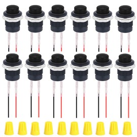MKBKLLJY 12pcs 16mm Black Push Button Switch SPST 3A 250V AC/6A 125V AC 2-Pin Self-Resetting Round Switch with Locked Connection Wires and Wiring Cap for Car Boat