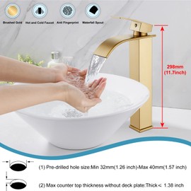 Midanya Brushed Gold Waterfall Bathroom Bowl Vessl Sink Tall Faucet Single Handle Single Hole Deck Mount with Large Rectangular Spout Sink Faucet Lavatory Vanities