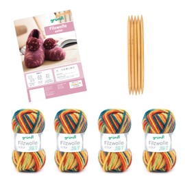 Gründl Knitting Set Felt Wool Colour (Oeko-Tex Certified, 100% New Wool, 4 x 50 g + Needle 8-9 + Instructions for Slippers), Teal Green/Ochre Red Orange Multicoloured, 25 x 16 x 7 cm