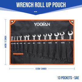 YOOFAN Wrench Roll Up Pouch – Wrench Organizer with 13+1 Pockets, Wrench Bag with Handle, Wrench Holder for Hanging, Orange - SAE
