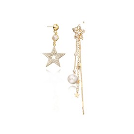 Locrccl Rhinestone Tassel Asymmetrical Star Pearl Dangle Earrings for Women Formal Prom Wedding Elegant Earrings Jewelry