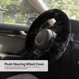 Fluffy Steering Wheel Cover 3PCS Set – Plush Fuzzy Fur Steering Wheel Cover with Gear Shift Cover & Handbrake Cover, Winter Warm Car Accessories, Car Interior Accessories for Women (Black)