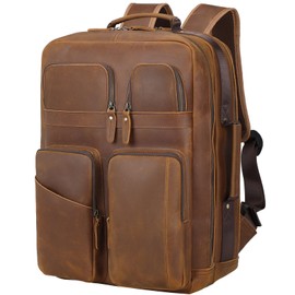 TIDING 17.3 Inch Full Grain Leather Laptop Backpack for Men Multi Pockets Casual Daypack Travel Rucksack