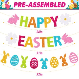 Easter Decoration Happy Easter Banner Hello Spring Easter Sunday Garland Eggs Hunting Bunnies Flowers Goodies Chocolate Jesus theme Party Celebration Decor