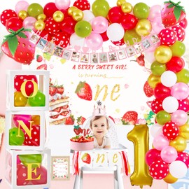 Strawberry Theme 1st Birthday Decorations, Berry First Birthday Party Supplies Decor, Strawberry Banner, Backdrop, Balloons for Girls Baby Shower Decoration Strawberry Decor