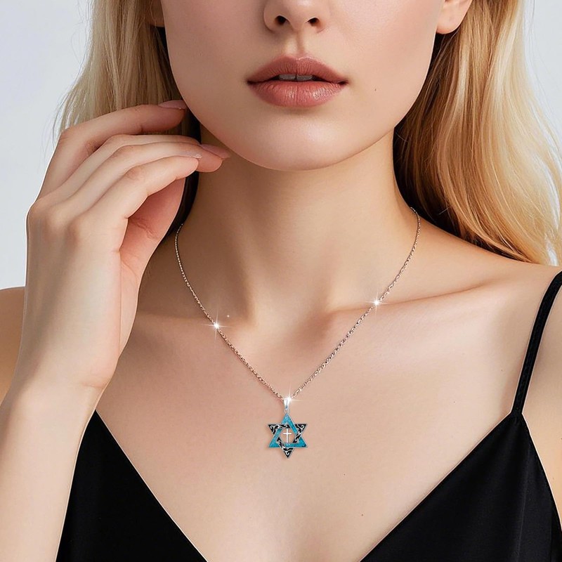 SHAOAN 925 Sterling Silver Star of David Turquoise Necklace for