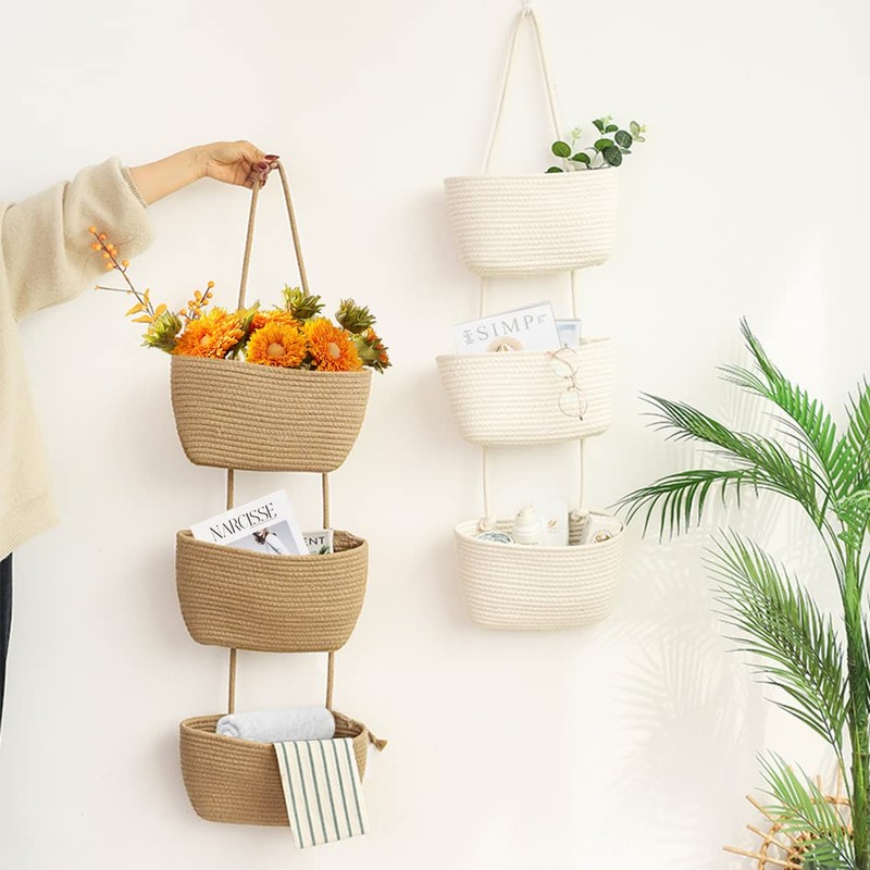 TeoKJ Over the Door Hanging Basket, 3-Tier Woven Cotton Wall-Mounted