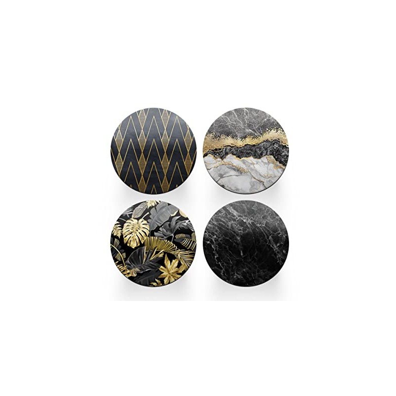4 x Round Art Deco Coasters - Gold Black Abstract