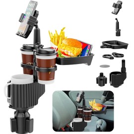 Car Cup Holder Tray,Upgrade 5-in-1 Removable Extender Car Food Tray,Car Cup Holder Phone Mount,Three Cup Holders and Width Adjustable Swivel Phone Holder,Road Trip Driver Gifts for Men Women