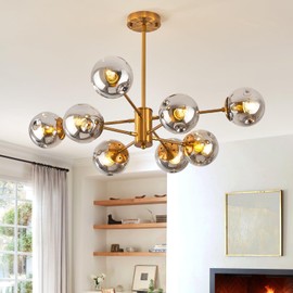 DDLLDESHI Gold Chandelier 8 Head Dining Room Light Fixture, Sliver Glass Globe Shade Kitchen Lights Modern Chandeliers (Ceiling Hanging Lighting Fixtures with Sputnik Pendant)