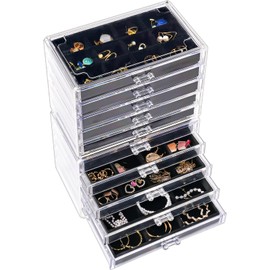 ProCase Earring Holder Organizer Jewelry Box with 10 Drawers, Acrylic Clear Earring Case with Adjustable Velvet Trays for Women - Black,10 Layers