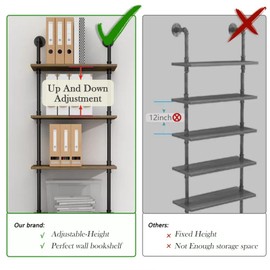 Bloddream Industrial Bookshelf 5-Tier Modern Adjustable Ladder Shelf, Vintage Metal Pipes and Wood Shelves, Rustic Display Bookshelf for Storage Collection, Brown