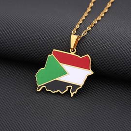 LUTAKU Republic of Sudan Map and Flag Necklace for Women Men, Republic of Sudan Necklace Pendant Charm, Stainless Steel Map Jewelry Accessories (gold)