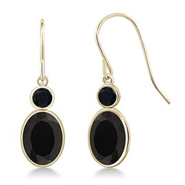 Gem Stone King 14K Yellow Gold Black Onyx Hook French Fish Ear Wire Dangle Earrings For Women | 3.40 Cttw | Gemstone December Birthstone | Oval 8X6MM and Round 3MM