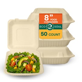 ECO SOUL 100% Compostable Clamshell Take Out Food Containers [8X8 50-Pack] Heavy-Duty Disposable To Go Eco-Friendly, Biodegradable Takeout Containers With Lid