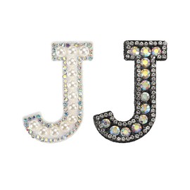 MECCANIXITY Iron on Decorative Letter J Black White Patch Glitter Alphabet Applique Rhinestone Pearl English Letter for DIY Clothes Repair Hats Bags Pack of 2