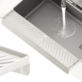 TIKNIK Kitchen Sink Splash Guard with Suction Cup, Silicone Sink Edge Protector Water Splash Guard, 4" X 20" DIY Adjustable Sink Splash Guard for Kitchen Stainless Steel/Granite/Quartz (Beige)