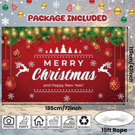 Christmas Backdrop Banner, Large Merry Christmas Banners, Fabric Red Elk Christmas Banner Photo Booth Sign Background, Xmas Happy New Year Hanging Banner for New Year Christmas Party Decorations
