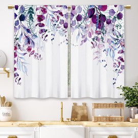 Laifzere Purple Eucalyptus Kitchen Curtains Botanical Leaves Flower Small Short Cafe Window Curtains Watercolor Plant Floral Bathroom Drapes Treatment Tier Curtains 2 Panels (27.5x39 Inch)