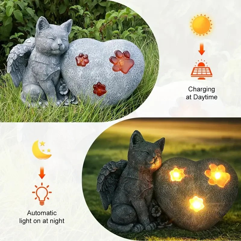Elegant Garden, Solar Powered Angel Cat Resin Sculpture with Glowing